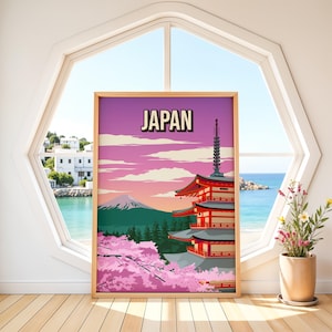 Japan Poster | Vintage Mount Fuji Print | Chureito Pagoda Wall Art | Retro Cherry Blossom Decor | Sakura Travel Poster