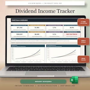Puede incluir: Una pantalla de portátil que muestra una hoja de cálculo Dividend Income Tracker para Microsoft Excel 365. La interfaz presenta una visión general de la cartera, información clave y gráficos lineales con 4 pestañas y un tutorial en vídeo.