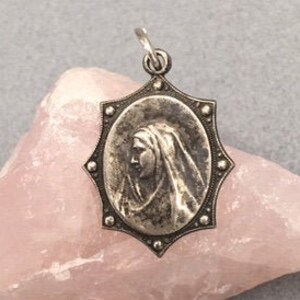 Antique Virgin Mary Medal Sacred Heart Jesus Christ Art Deco Vintage Catholic Gift