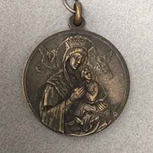 Antique Virgin Mary Pendant Our Lady Perpetual Help Joannes XXII Pont Max Sorrow Vintage Catholic Gift