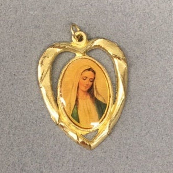 Virgin Mary Pendant Gold Heart Blessed Mother Our Lady Vintage Catholic Gift