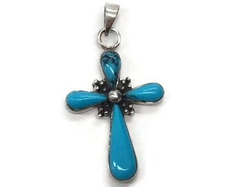 Turquoise Cross Pendant Blue Sterling Vintage Southwest Jewelry Gift