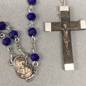 Blue Glass Rosary France Wooden Crucifix Vintage Catholic Gift