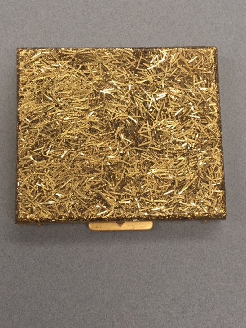 Sparkle Gold Compact Vintage Gilli Originals Lucite Confetti Personal Mirror Compact Powder Case Saks Fifth Ave Style Makeup Vanity Made USA