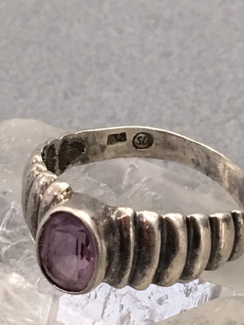 Silver Amethyst Ring Sterling 925 Purple Gemstone Ribbed Band Size 5.75 Vintage Jewelry Gift