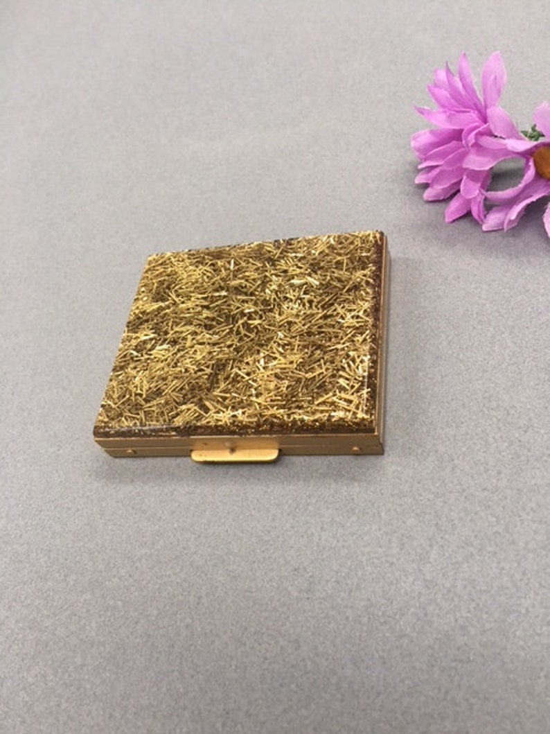 Sparkle Gold Compact Vintage Gilli Originals Lucite Confetti Personal Mirror Compact Powder Case Saks Fifth Ave Style Makeup Vanity Made USA