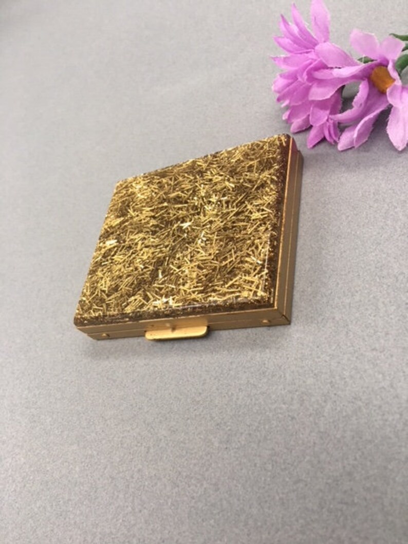 Sparkle Gold Compact Vintage Gilli Originals Lucite Confetti Personal Mirror Compact Powder Case Saks Fifth Ave Style Makeup Vanity Made USA
