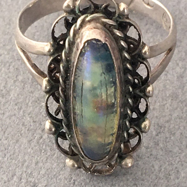 Sterling Opal Ring 925 Taxco Fiery Mexico Oval Silver Mexican Ornate Feminine Jewelry Gift Size 6.25