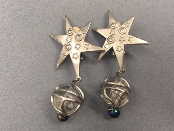 Silver Star Earrings Planets Dangle Drop Celestia… - image 1