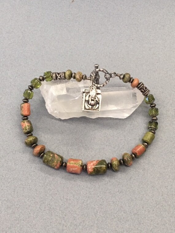 Beaded Stone Bracelet Unakite Sterling Vintage Rel