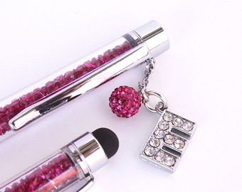 Set of Two Crystal Ballpoint Pen Filled With Swarovski Crystal Elements with Custom Rhinestone Initial and Matching Stylus