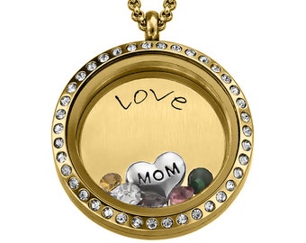 Stainless Steel Floating Locket Necklace-Magnetic-Crystal Face Large (30mm) (Gold)