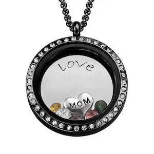 Stainless Steel Floating Locket Necklace-Magnetic-Crystal Face Large (30mm) (Black)
