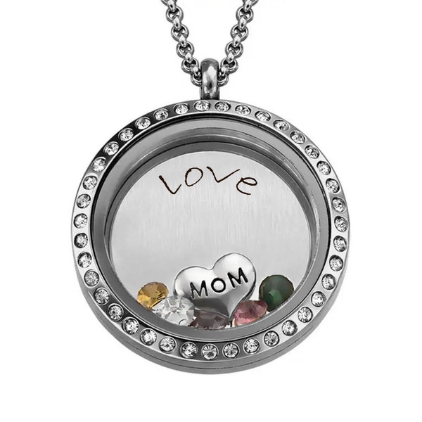 Stainless Steel Floating Locket Necklace-Magnetic-Crystal Face Large (30mm) (Silver)