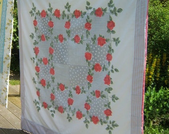 Reversible Quilt, Handmade Sofa Throw, Mid-Century Picnic Blanket, Lap Quilt with Fifties Red Roses one side, Retro Squares the other