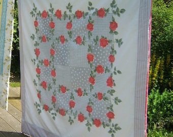 Reversible Quilt, Handmade Sofa Throw, Mid-Century Picnic Blanket, Lap Quilt with Fifties Red Roses one side, Retro Squares the other