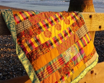 Patchwork Bohemian Throw, Handmade Luxury Blanket, Mid-Century Sofa Throw, Travel Rug in Late Summer Colours