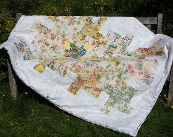 Floral Patchwork Quilt - with vintage Sanderson fabrics - Sofa Throw, Double Eiderdown, Picnic Blanket, Lap Quilt, Bed Cover