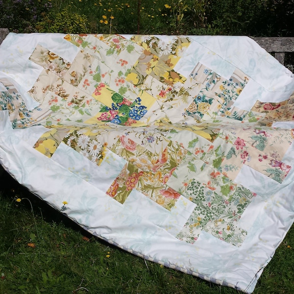 Floral Patchwork Quilt - with vintage Sanderson fabrics - Sofa Throw, Double Eiderdown, Picnic Blanket, Lap Quilt, Bed Cover