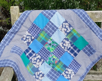 Patchwork Crib Quilt, Handmade Baby Blanket, Cot Quilt, Play Mat, Nursery Blanket in Blues and Greens