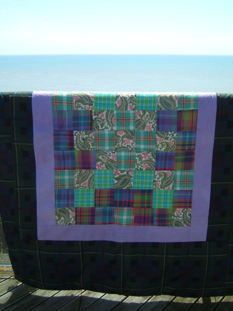 Scottish Patchwork Quilt, Handmade Sofa Throw, Eiderdown, Travel Blanket with Tartan and Paisley image 2