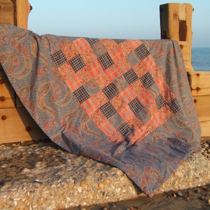 Couette en patchwork cachemire et tartan, couverture de pique-nique faite main, tapis de voyage, couverture de plage