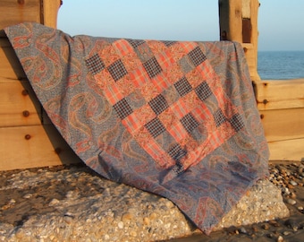 Paisley and Tartan Patchwork Quilt, Handmade Picnic Blanket, Travel Rug, Beach Blanket