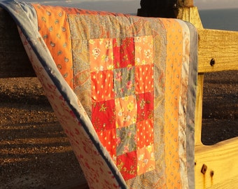 Paisley and Floral Patchwork Quilt, Handmade Eiderdown, Sofa Throw, Picnic Blanket, Beach Quilt in Sea and Sunset Colours