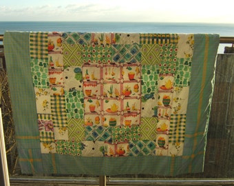 Fifties Patchwork Quilt, Mid-Century Sofa Throw, Handmade Picnic Blanket, Retro Rug, Lap Quilt with Food, Drink and Flowers
