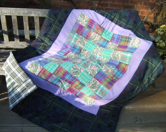 Scottish Patchwork Quilt, Handmade Sofa Throw, Eiderdown, Travel Blanket with Tartan and Paisley