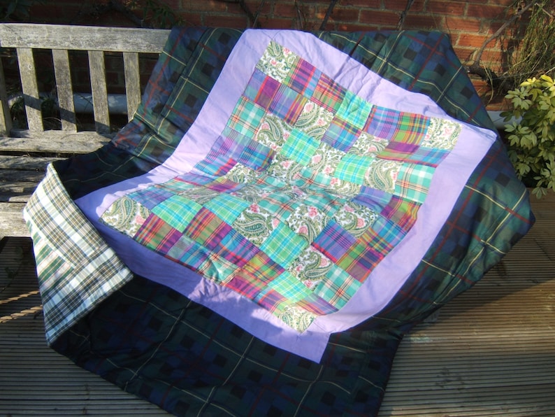 Scottish Patchwork Quilt, Handmade Sofa Throw, Eiderdown, Travel Blanket with Tartan and Paisley image 1