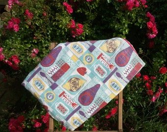 Mid Century Picnic Blanket, Handmade Beach Rug, Retro Sofa Throw, Bed Cover,  Tablecloth with 1950s Fabric - Reversible