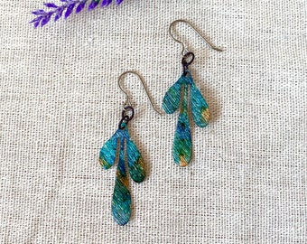 Blue, Green Colourful Ink Earrings, Dangles, Rainbow, Alcohol Ink Art