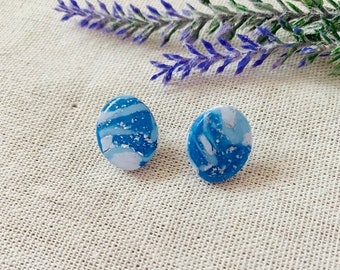 Blue Oval Studs, Resin and Polymer Clay, Blue and Silver Earrings