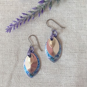 Blue Mirror Earrings, Titanium Hooks for Sensitive Ears, Alcohol Ink Earrings, Chainmail, Painted Aluminum Scales