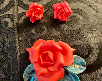 Artisan Crafted Clay Red Rose Earring and Brooch Set
