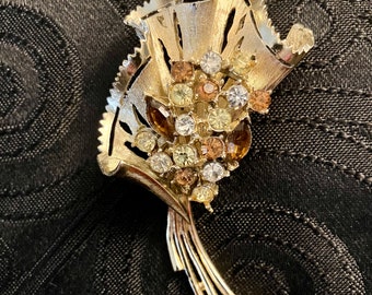 Vintage Gold Tone Jeweled Bouquet Brooch Costume Jewelry