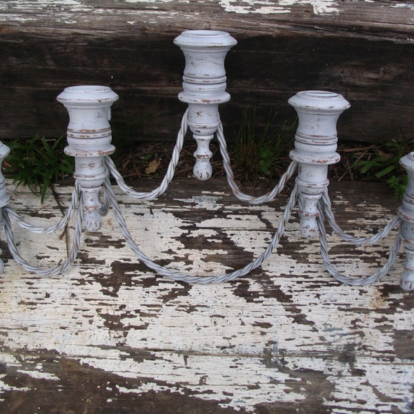 Candle Holder Candlabra Vintage White Wood & Metal Shabby Chic Distressed Twisted Rope Wedding Decor Photo Prop