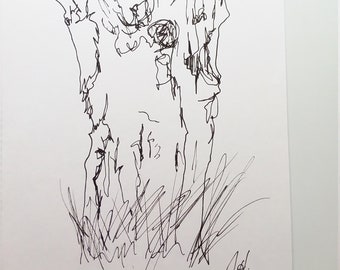 Line Art Tree Sketch, Pen and Ink Sketch Original, Drawing of Tree, 5"x8", OOAK One of a Kind