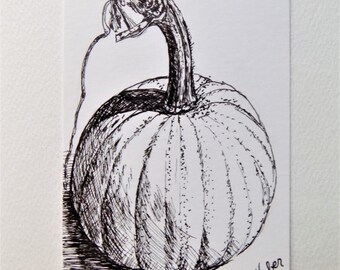 ACEO Original Art Card, Pumpkin drawing, 2.5 x 3.5 Pen and Ink Original Drawing