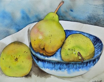 Pears Watercolor Original Art Painting,  Still Life Fruit Painting, OOAK One of a Kind, 11"x14"