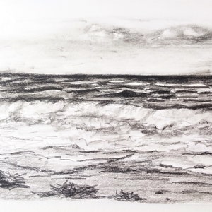 Beach Artwork, Pencil Drawing, Original Artwork, Ocean Wall Art