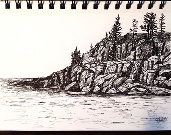 Parc national Acadia, dessin à la plume et à l'encre, œuvre d'art paysagère, 5 1/2 x 8"