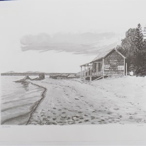 Beach Art Print, Pen and Ink Drawing of Beach House, Pen and Ink Print