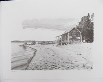 Beach Art Print, Pen and Ink Drawing of Beach House, Pen and Ink Print