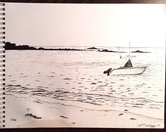 Ocean Artwork Pen and Ink Original, North Beach NH, Water damage, Seascape, Landscape Artwork, 9 x 12