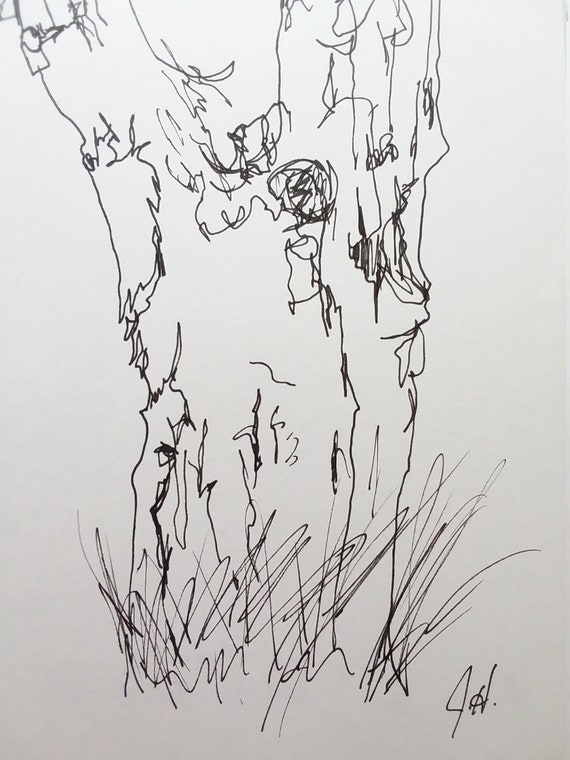 Original Sketch, Pen and Ink Drawing, OOAK, Quick Pen Sketch of Rocks and  Trees 