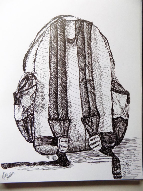 Pen and Ink Backpack Sketch, Pen and Ink Drawing of Backpack Kids, Pen and  Ink Original Drawing 