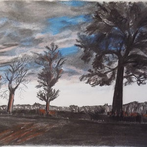 Original Landscape Art, Pastel and Charcoal Drawing, Trees and Sky Landscape Drawing, 11"x14"