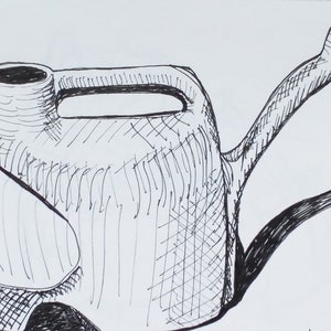 Watering Can Ink Drawing: Original Garden Sketch Art (5x8)